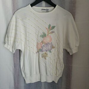Vintage Koret Women's Size M Shirt Short Sleeve Top Cream Off White Floral Beads
